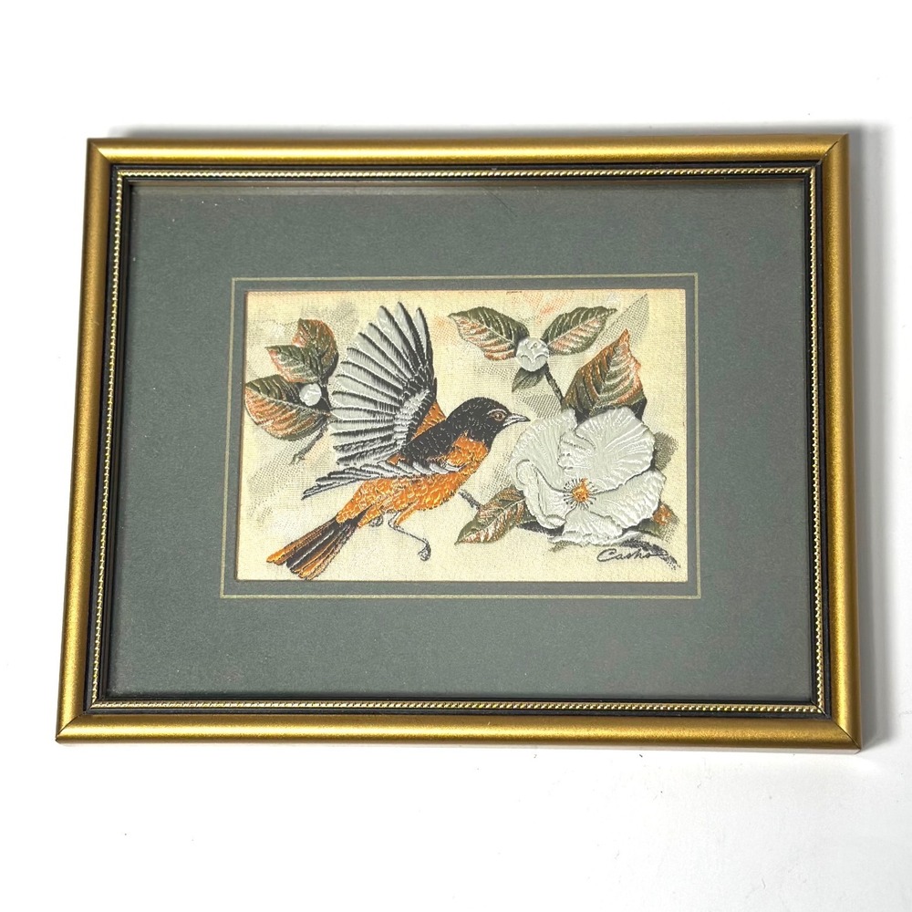Vintage Embroidered Bird Framed, Whimsy Cottage, Golden Oriole, By J&J cash